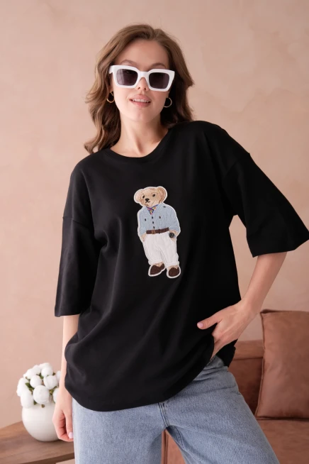 Bisiklet Yaka Aplikeli Salaş Basic T-Shirt