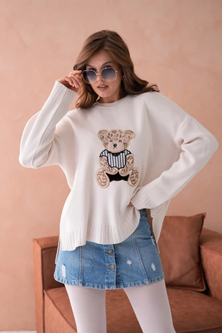 Kadın Bisiklet Yaka Aplikeli Arkası Uzun Salaş Triko Kazak