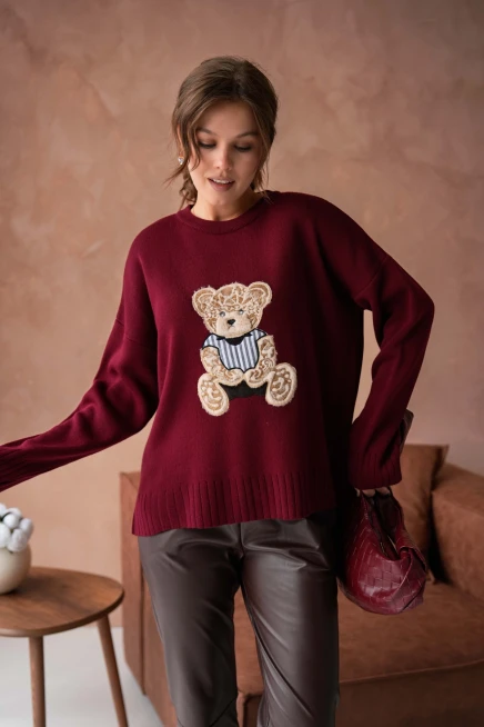 Kadın Bisiklet Yaka Aplikeli Arkası Uzun Salaş Triko Kazak