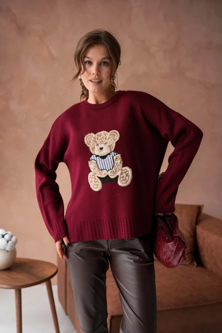 Kadın Bisiklet Yaka Aplikeli Arkası Uzun Salaş Triko Kazak