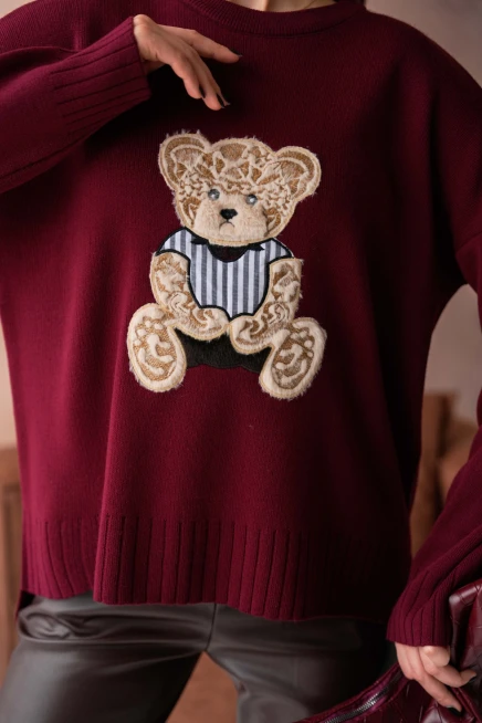 Kadın Bisiklet Yaka Aplikeli Arkası Uzun Salaş Triko Kazak