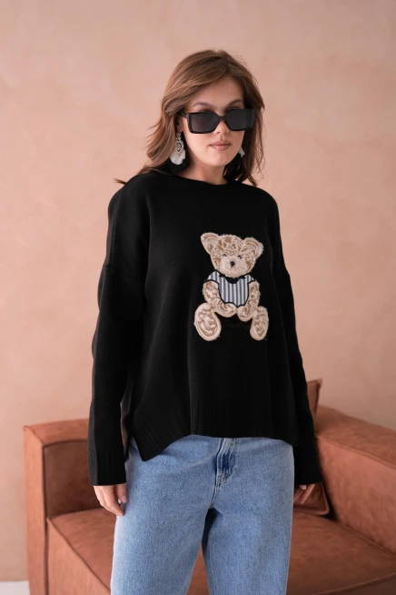 Kadın Bisiklet Yaka Aplikeli Arkası Uzun Salaş Triko Kazak