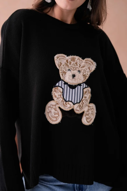 Kadın Bisiklet Yaka Aplikeli Arkası Uzun Salaş Triko Kazak