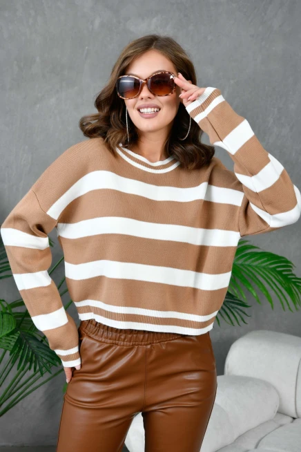 Kadın Bisiklet Yaka Çizgili Salaş Triko Kazak
