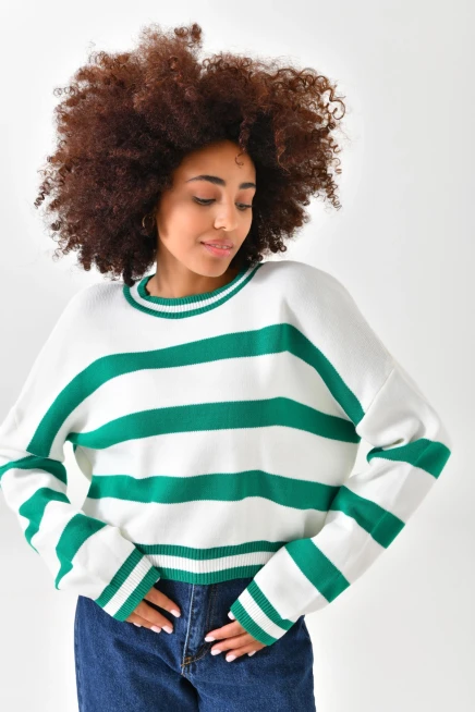 Kadın Bisiklet Yaka Çizgili Salaş Triko Kazak