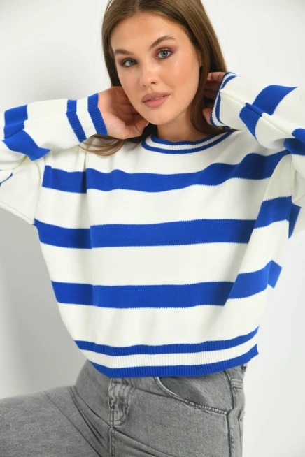 Kadın Bisiklet Yaka Çizgili Salaş Triko Kazak