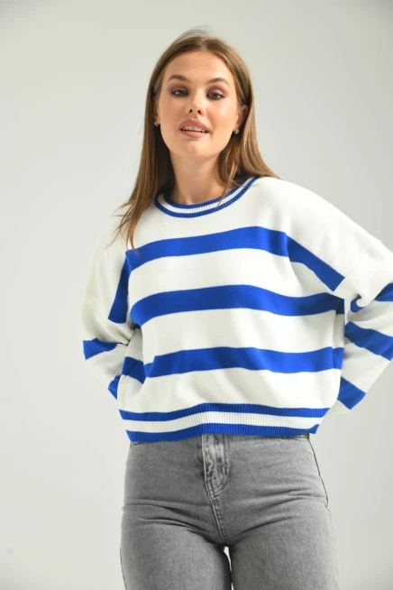 Kadın Bisiklet Yaka Çizgili Salaş Triko Kazak