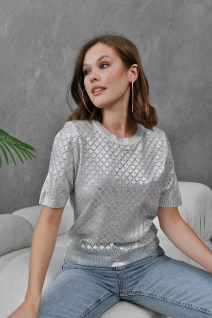 Kadın Bisiklet Yaka Dokulu Triko Kazak