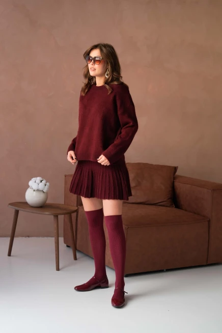 Kadın Bisiklet Yaka Etekli İkili Triko Takım