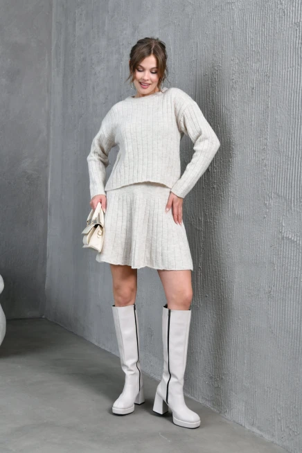 Kadın Bisiklet Yaka Etekli İkili Triko Takım