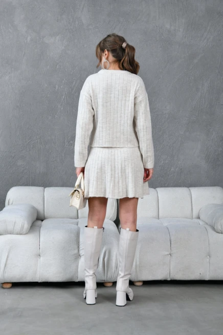 Kadın Bisiklet Yaka Etekli İkili Triko Takım