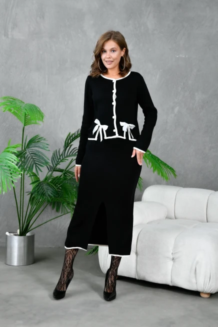 Kadın Bisiklet Yaka Fiyonk Detay İkili Triko Takım