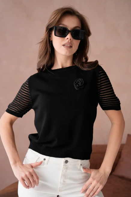 Kadın Bisiklet Yaka Gül Detay Kısa Kol Triko Kazak