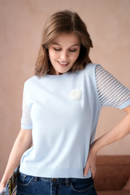 Kadın Bisiklet Yaka Gül Detay Kısa Kol Triko Kazak