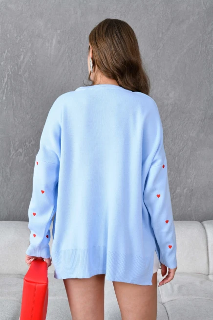 Kadın Bisiklet Yaka Kalp İşlemeli Yırtmaçlı Salaş Triko Kazak