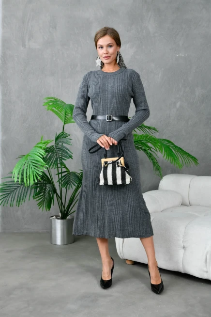 Kadın Bisiklet Yaka Kemer Detaylı Uzun Triko Elbise