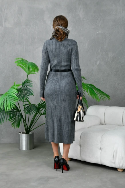 Kadın Bisiklet Yaka Kemer Detaylı Uzun Triko Elbise