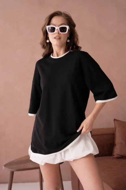 Bisiklet Yaka Kumaş Garnili Salaş Basic T-Shirt