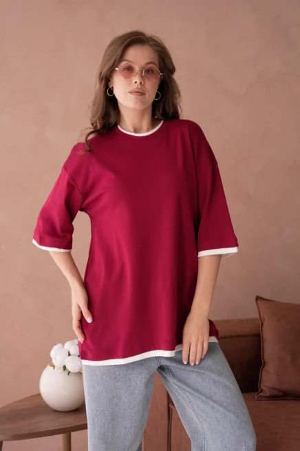 Bisiklet Yaka Kumaş Garnili Salaş Basic T-Shirt