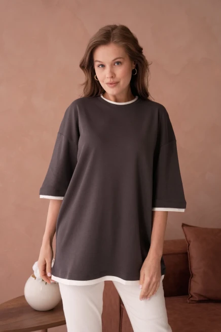 Bisiklet Yaka Kumaş Garnili Salaş Basic T-Shirt