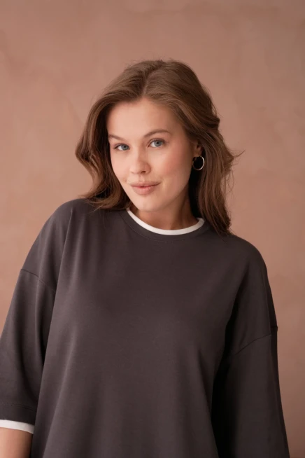 Bisiklet Yaka Kumaş Garnili Salaş Basic T-Shirt