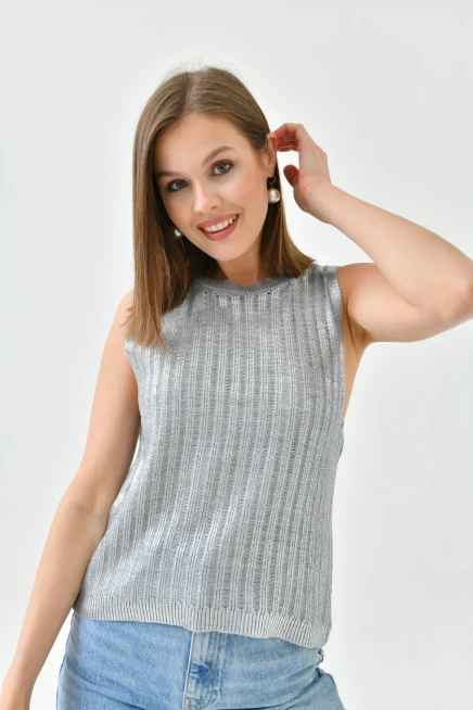 Kadın Bisiklet Yaka Lurex Kolsuz Triko Bluz