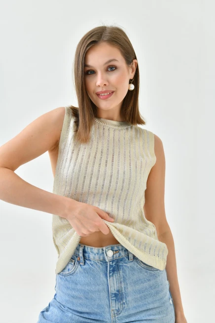 Kadın Bisiklet Yaka Lurex Kolsuz Triko Bluz