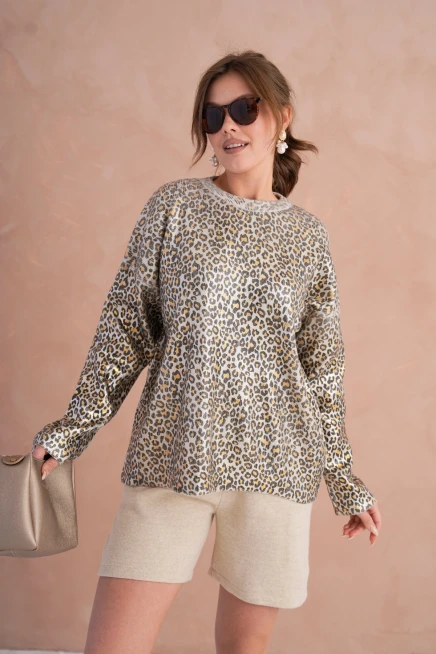 Kadın Bisiklet Yaka Lurex Leopar Salaş Triko Kazak