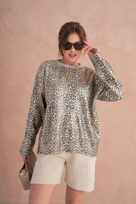Kadın Bisiklet Yaka Lurex Leopar Salaş Triko Kazak