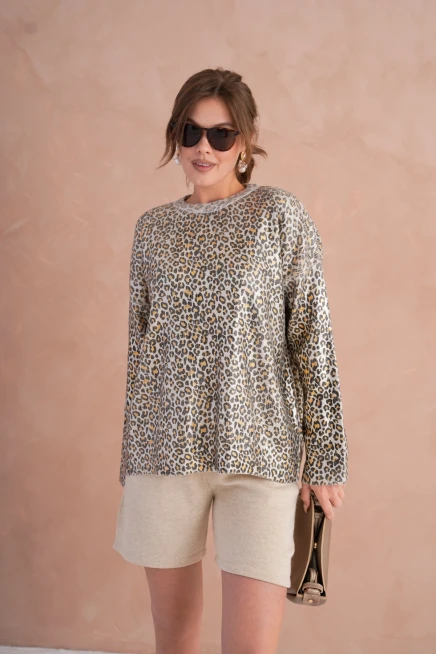 Kadın Bisiklet Yaka Lurex Leopar Salaş Triko Kazak