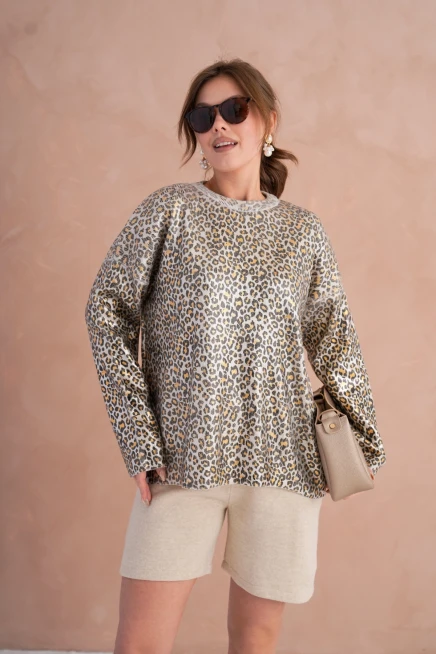 Kadın Bisiklet Yaka Lurex Leopar Salaş Triko Kazak