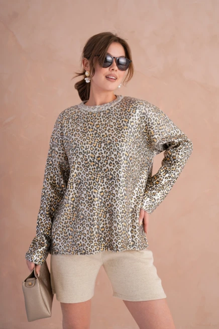 Kadın Bisiklet Yaka Lurex Leopar Salaş Triko Kazak
