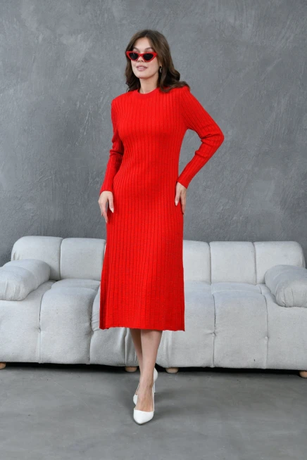 Kadın Bisiklet Yaka Lurex Uzun Triko Elbise