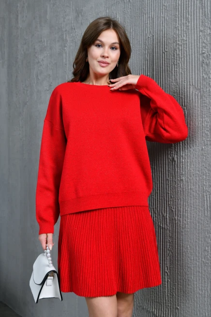 Kadın Bisiklet Yaka Lurex Salaş Etekli Triko Takım