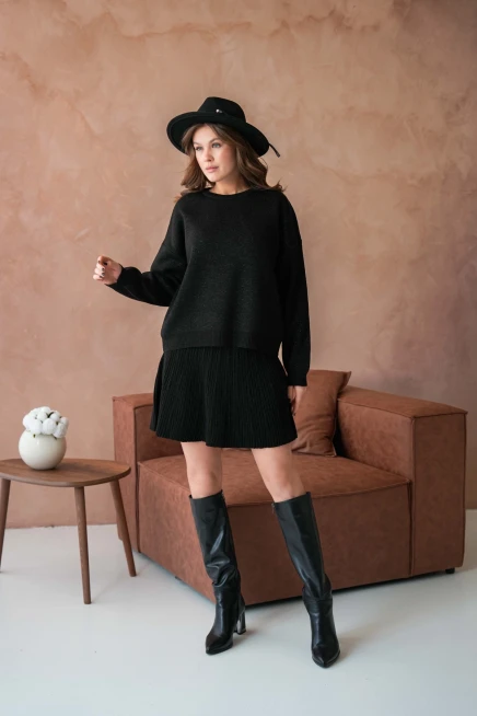 Kadın Bisiklet Yaka Lurex Salaş Etekli Triko Takım