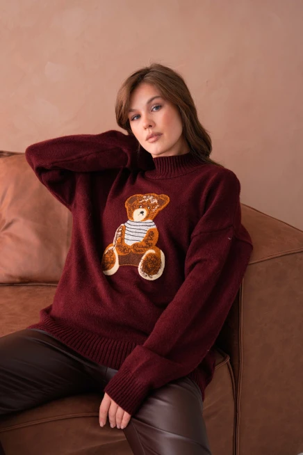 Kadın Bisiklet Yaka Nakış Detaylı Salaş Triko Kazak