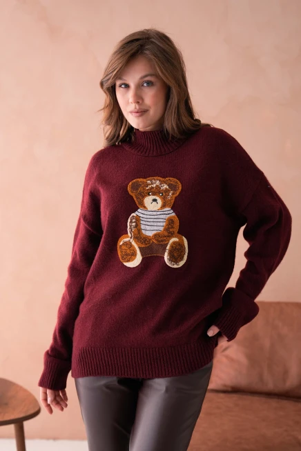 Kadın Bisiklet Yaka Nakış Detaylı Salaş Triko Kazak