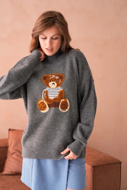 Kadın Bisiklet Yaka Nakış Detaylı Salaş Triko Kazak