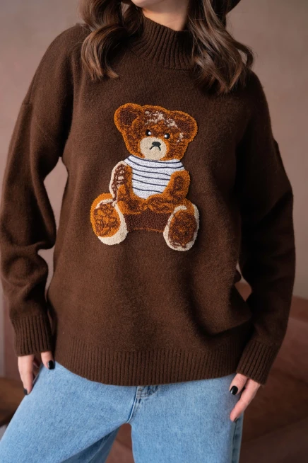 Kadın Bisiklet Yaka Nakış Detaylı Salaş Triko Kazak