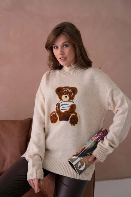 Kadın Bisiklet Yaka Nakış Detaylı Salaş Triko Kazak