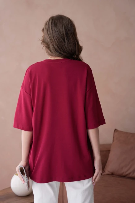 Bisiklet Yaka Ön Yüzü Tül Detaylı Oversize Kalıp Basic T-Shirt