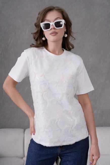 Bisiklet Yaka Önyüzü Tül Dantel Giydirmeli Basic T-Shirt