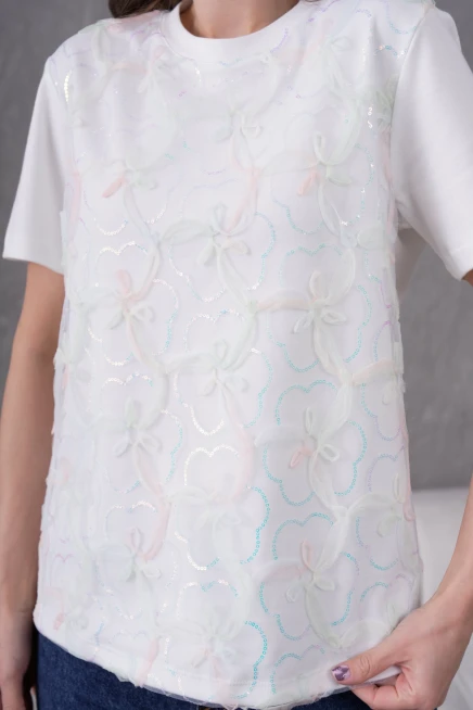 Bisiklet Yaka Önyüzü Tül Dantel Giydirmeli Basic T-Shirt