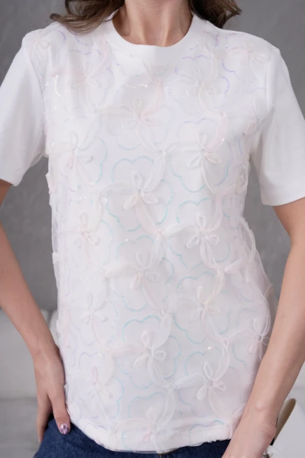 Bisiklet Yaka Önyüzü Tül Dantel Giydirmeli Basic T-Shirt