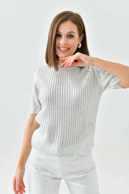 Kadın Bisiklet Yaka Örgü Detay Varaklı Triko Kazak