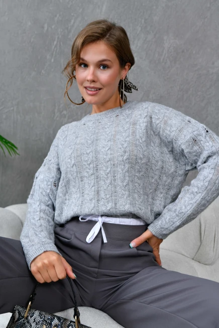 Kadın Bisiklet Yaka Saç Örgü Triko Kazak