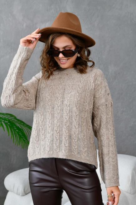 Kadın Bisiklet Yaka Saç Örgü Triko Kazak