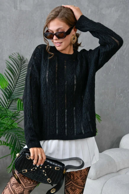 Kadın Bisiklet Yaka Saç Örgü Triko Kazak