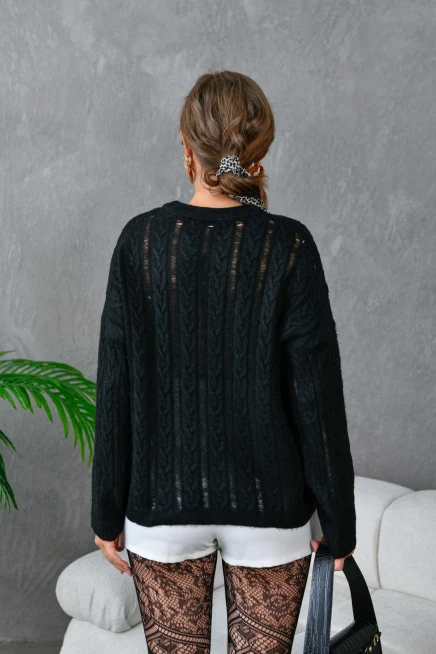 Kadın Bisiklet Yaka Saç Örgü Triko Kazak