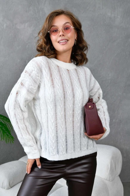 Kadın Bisiklet Yaka Saç Örgü Triko Kazak